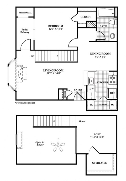 Floor plan for 1 bed, 1 bath, 1141 sqft